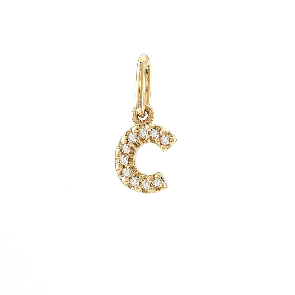 14K Real Solid Gold Natural Diamond Initial “C” Pendant Letter C Charm 12mm