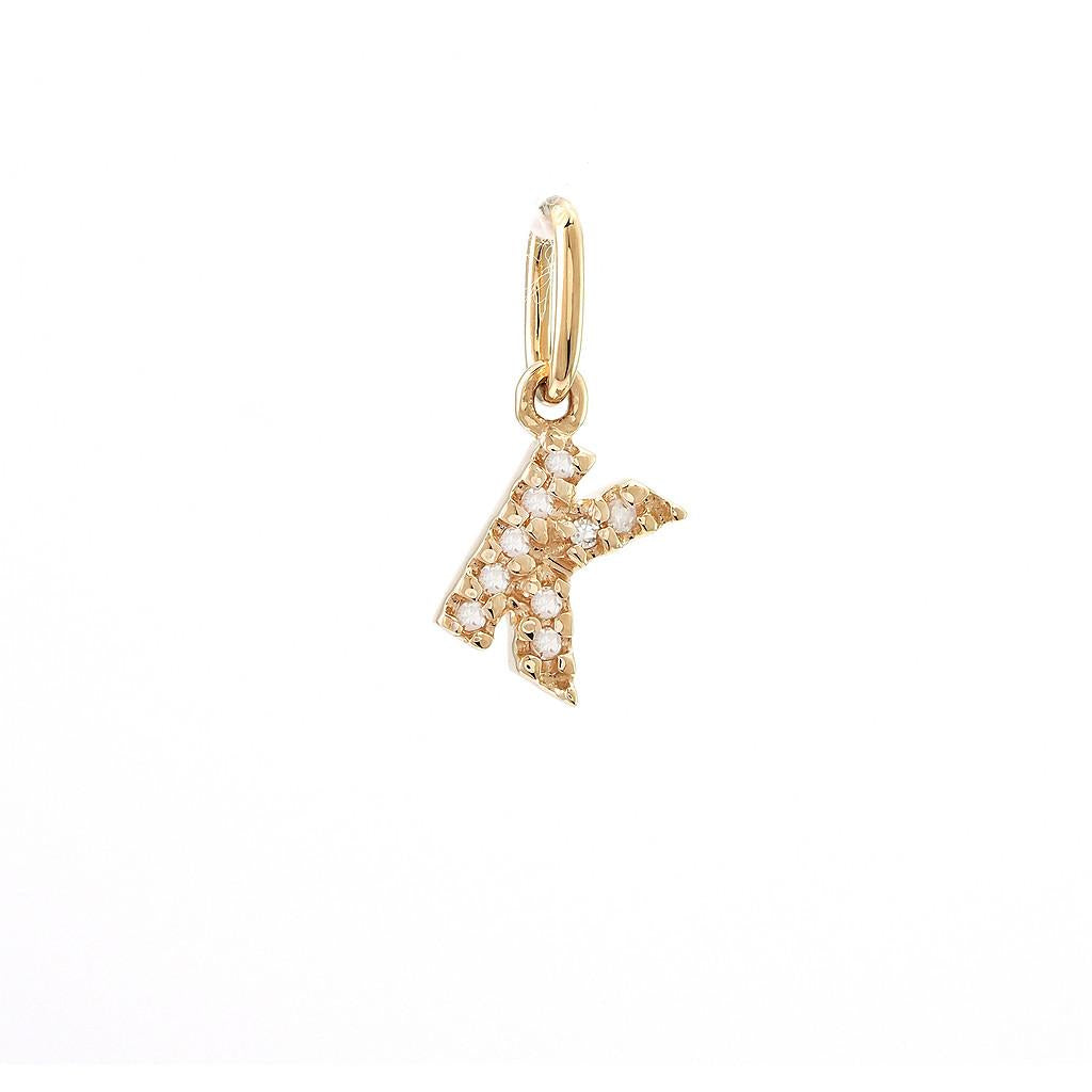 14K Real Solid Gold Natural Diamond Initial “K” Pendant Letter K Charm 12mm