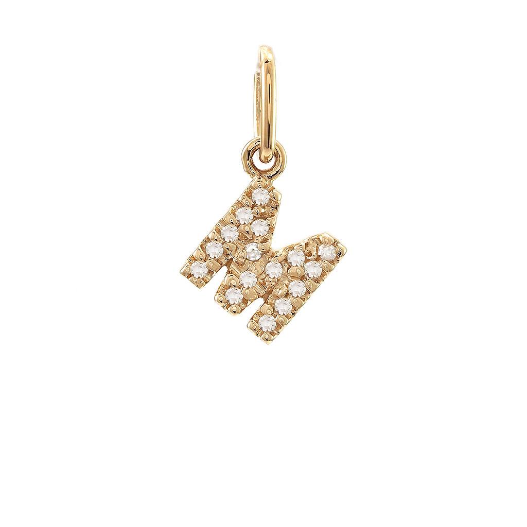 14K Real Solid Gold Natural Diamond Initial “M” Pendant Letter M Charm 12mm