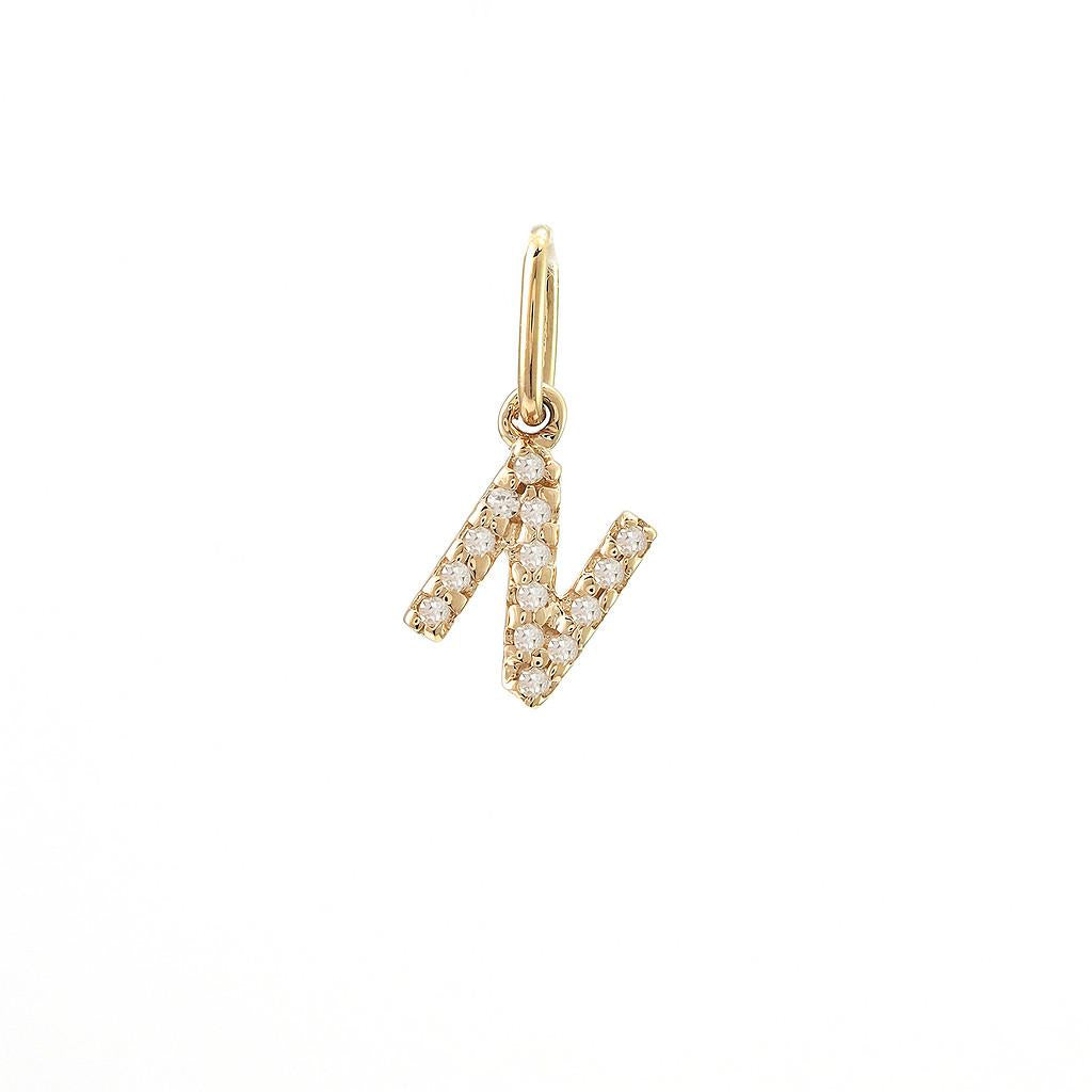 14K Real Solid Gold Natural Diamond Initial “N” Pendant Letter N Charm 12mm