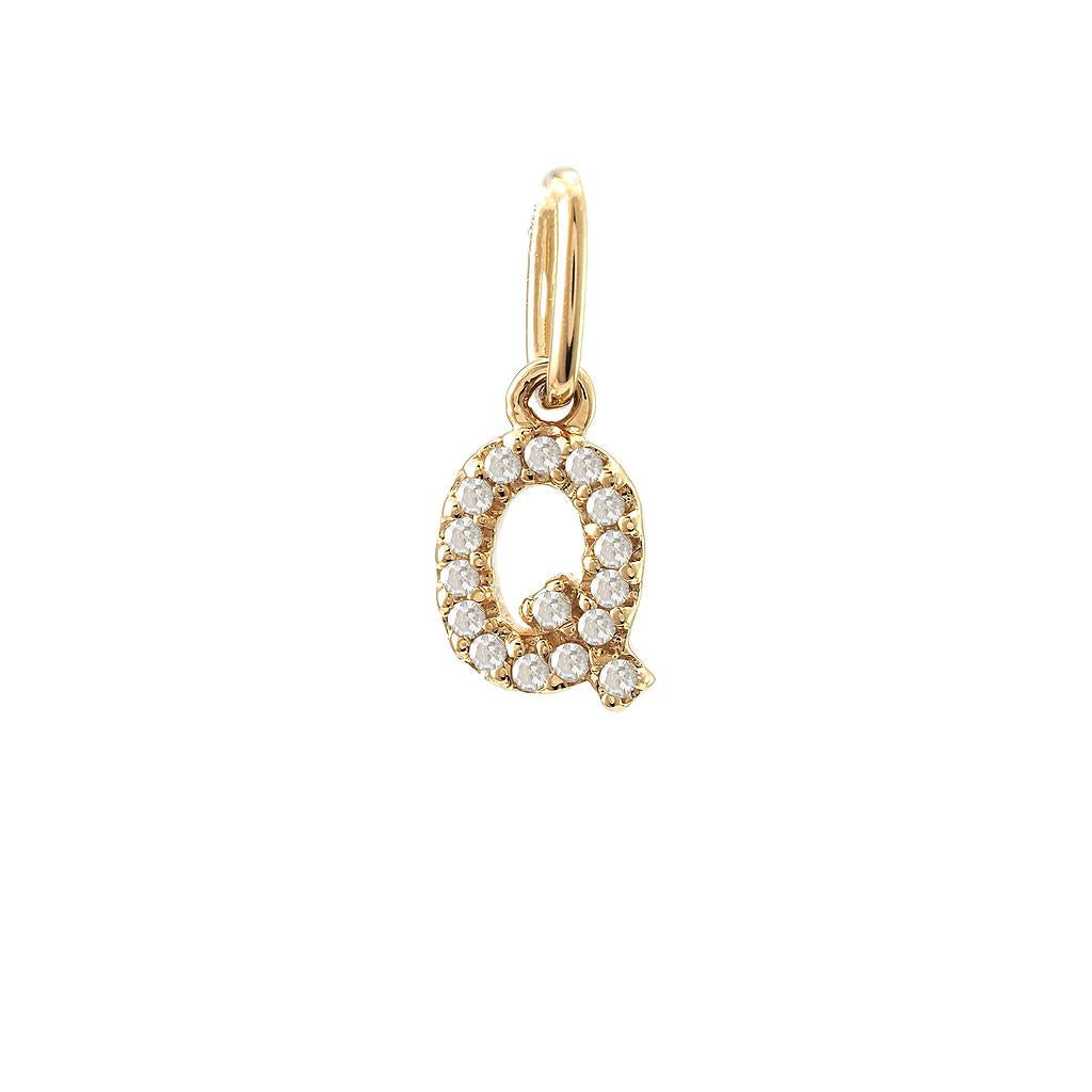 14K Real Solid Gold Natural Diamond Initial “Q” Pendant Letter Q Charm 12mm