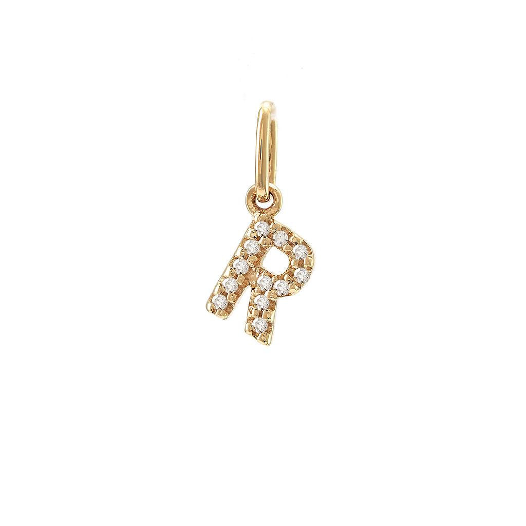 14K Real Solid Gold Natural Diamond Initial “R” Pendant Letter R Charm 12mm