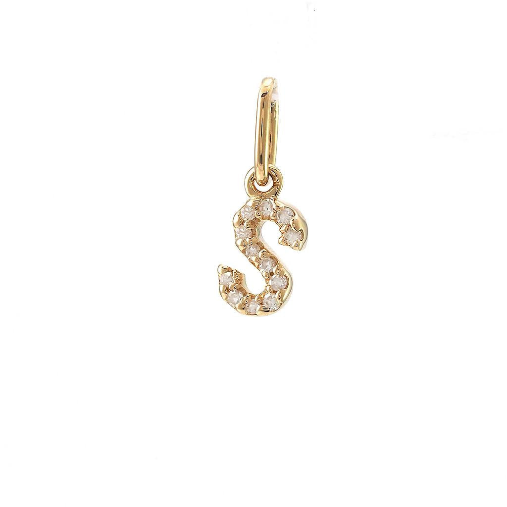 14K Real Solid Gold Natural Diamond Initial “S” Pendant Letter S Charm 12mm