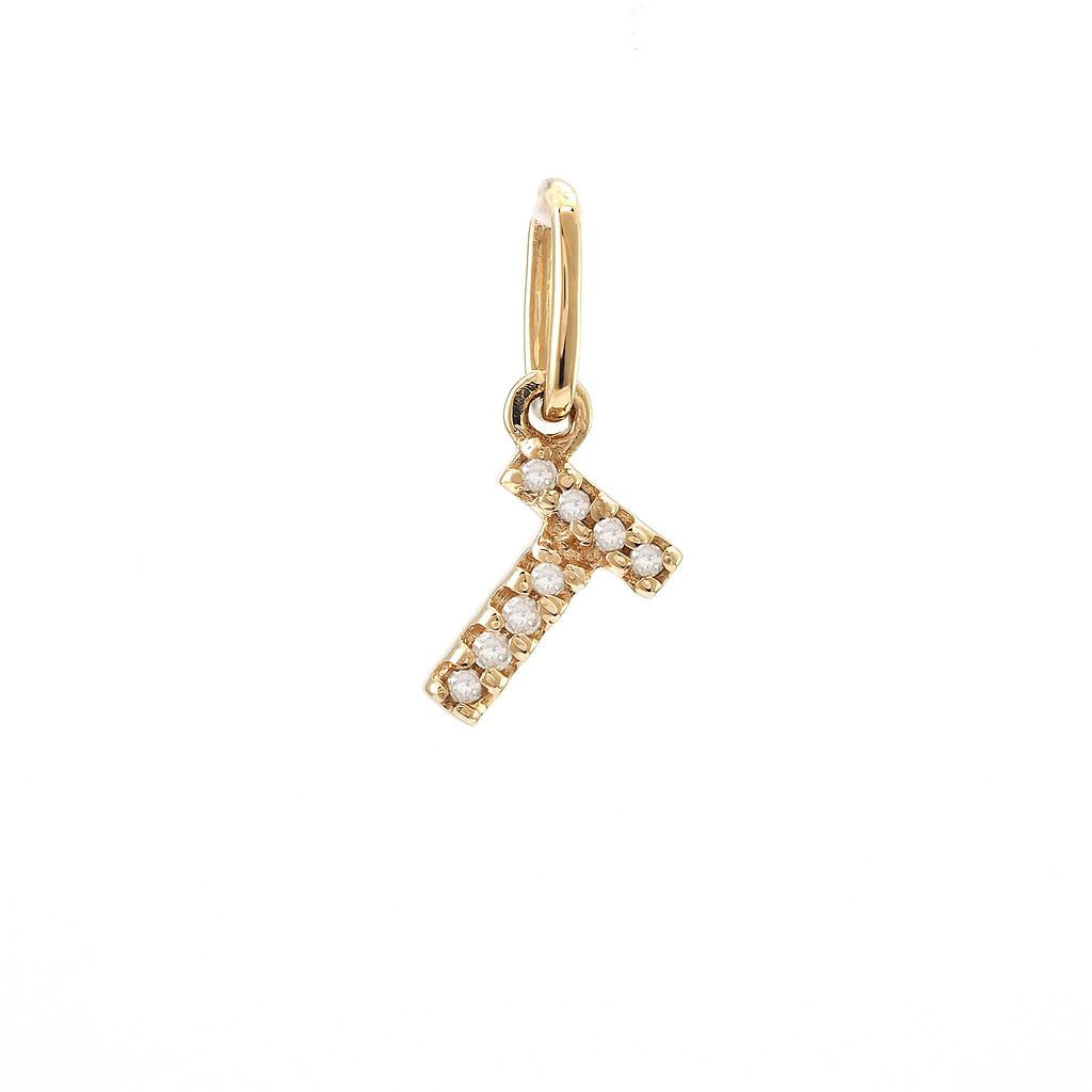 14K Real Solid Gold Natural Diamond Initial “T” Pendant Letter T Charm 12mm