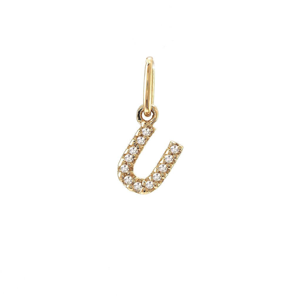 14K Real Solid Gold Natural Diamond Initial “U” Pendant Letter U Charm 12mm