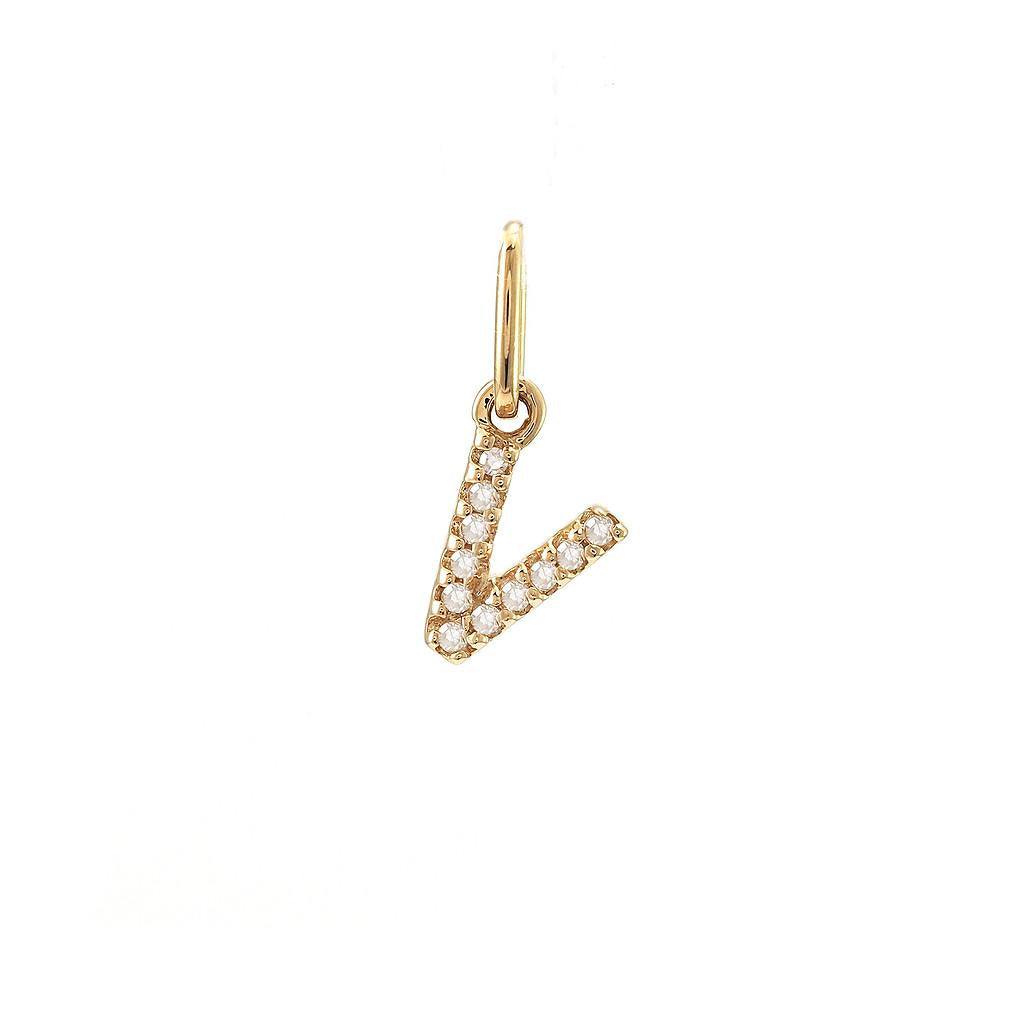14K Real Solid Gold Natural Diamond Initial “V” Pendant Letter V Charm 12mm