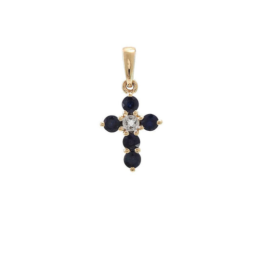 14K Real Yellow Gold Cross Round Prong Sapphire Pendant 8X16mm