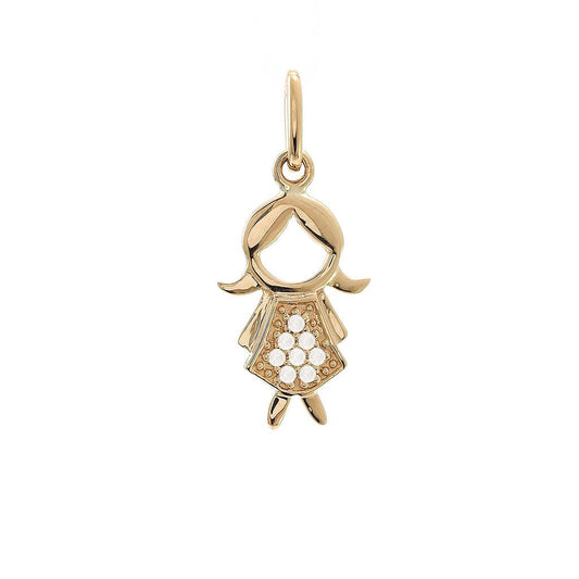 14K Real Yellow Gold Permanent Single Micro Pave Diamond Girl Pendant 7X18mm