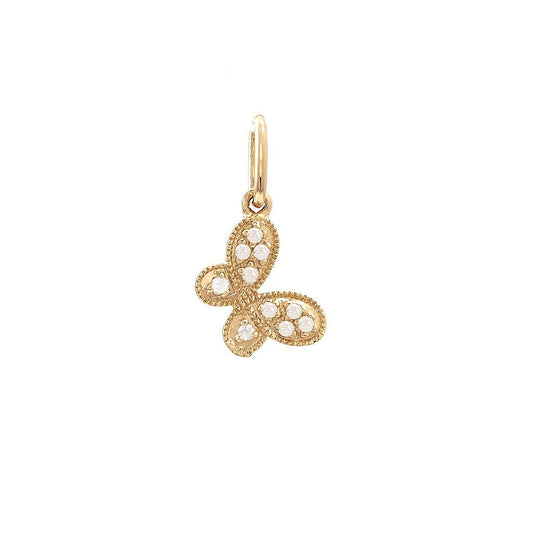 14K Real Yellow Gold Permanent Single Pave Diamond Butterfly Pendant 9X10mm