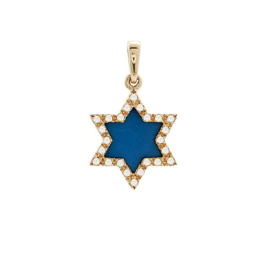 14K Real Yellow Gold Single Bezel Turquoise Star Of David Pendant 11mm