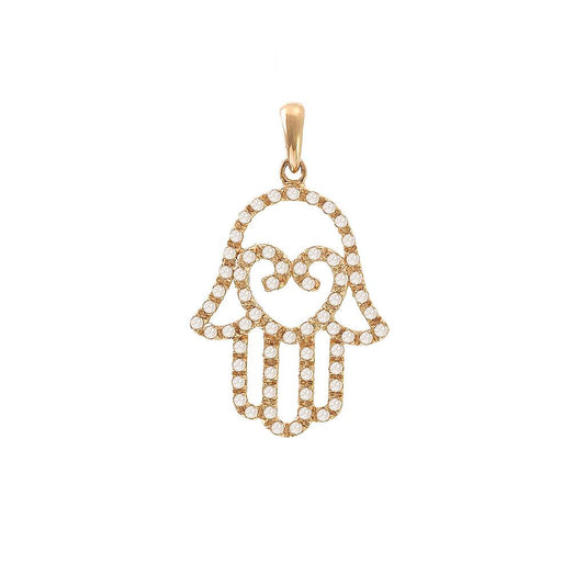 14K Real Yellow Gold Hamsa Single Pave Diamond Pendant