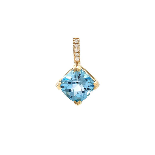 14K Real Yellow Gold Cushion Prong Blue Topaz Pendant 7 Mm