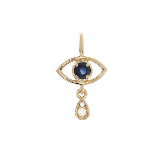 14K Real Yellow Gold Evil Eye Round Prong Sapphire Pendant
