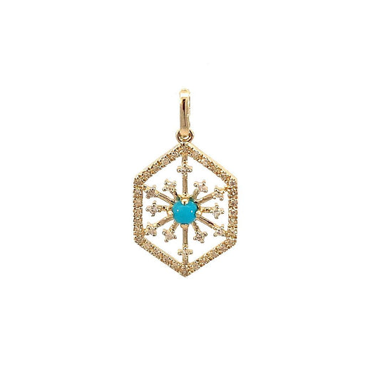 14K Real Yellow Diamond And Turquise  Pendant 12X22mm