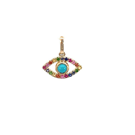 14K Real Yellow Gold Evil Eye Round Prong Multi-Gem Pendant 13X9mm