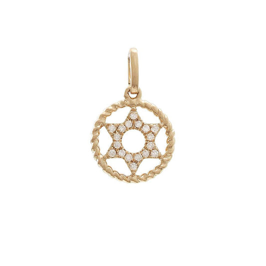 14K Real Yellow Star Of David Single Pave Diamond Pendant
