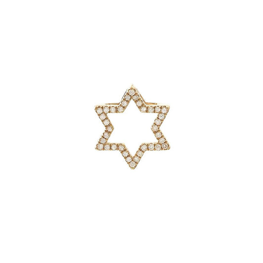 14K Real Yellow Gold Star Of David Single Prong Diamond Pendant