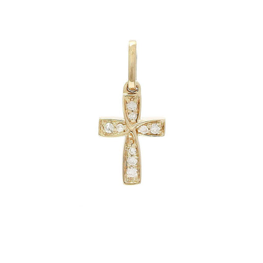 14K Real Yellow Single Micro Pave Diamond Mini Cross Pendant 7X10mm