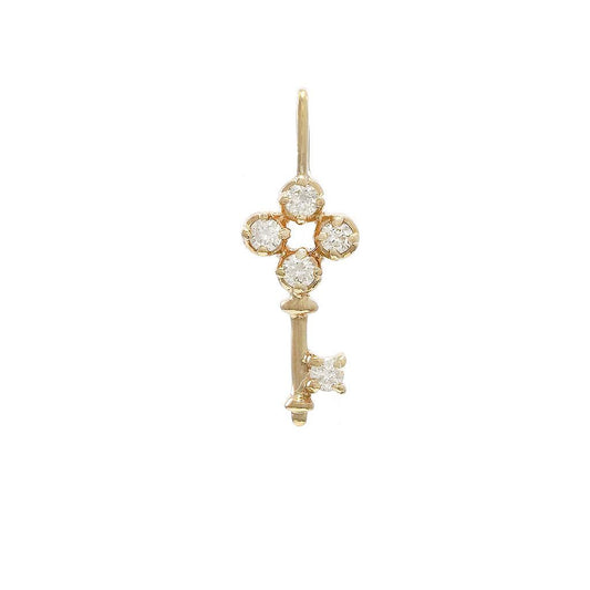 14K Real Yellow Round Prong Diamond Mini Key Pendant 6X17mm
