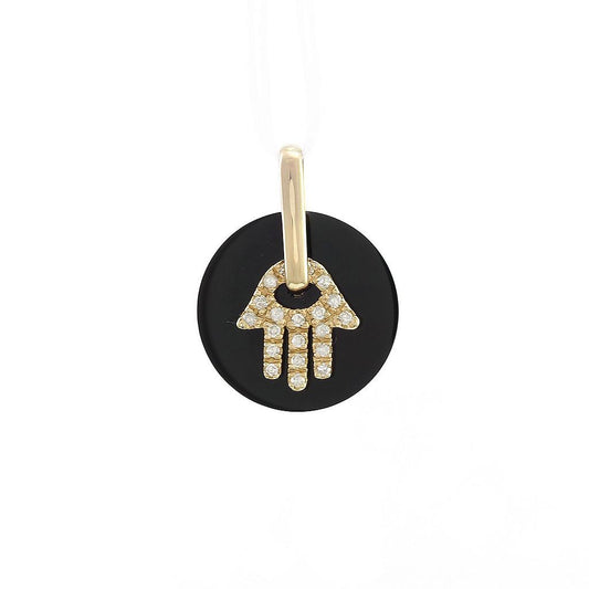 14K Real Yellow Gold Hamsa Single Pave Onyx Pendant