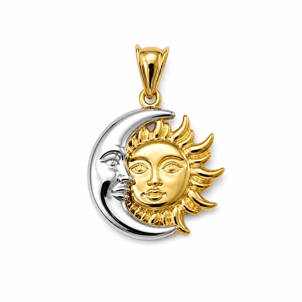 14K Real Yellow & White Gold Moon and Sun Pendant 26mm