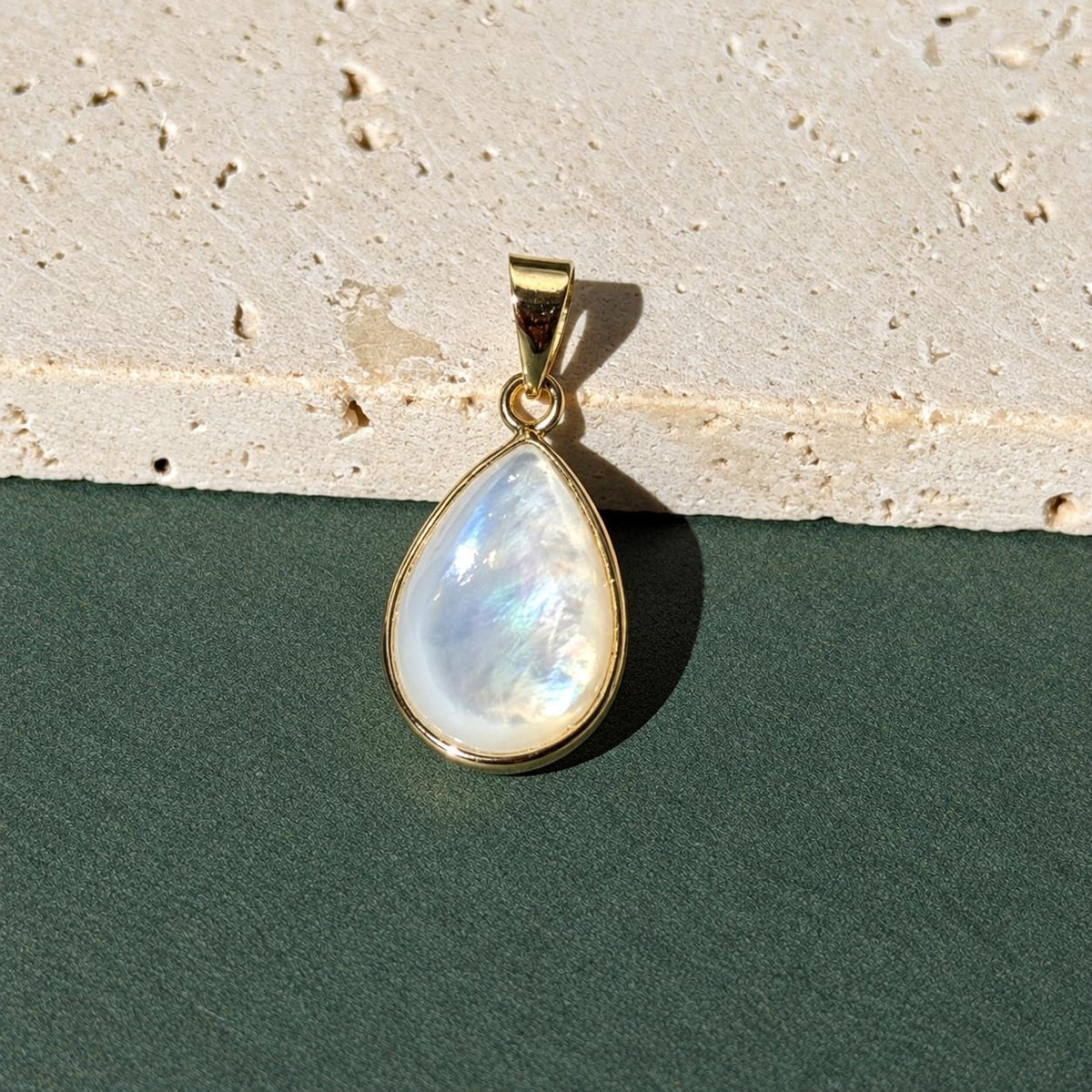 14K Solid Gold Pear Mother of Pearl Pendant, Bezel Set Charm 21x10mm