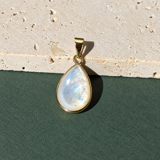 14K Solid Gold Pear Mother of Pearl Pendant, Bezel Set Charm 21x10mm