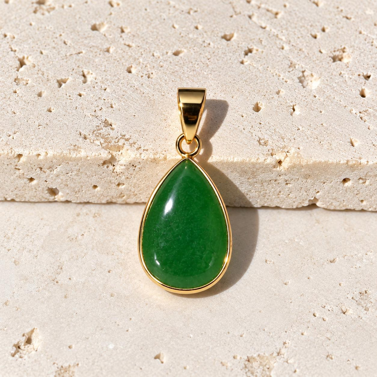 14K Real  Solid Gold Pear Shape Jade Pendant, Bezel Set Charm 21X10MM