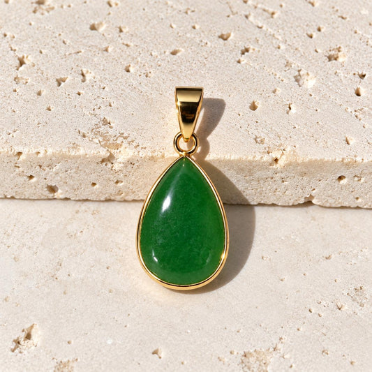 14K Real  Solid Gold Pear Shape Jade Pendant, Bezel Set Charm 21X10MM
