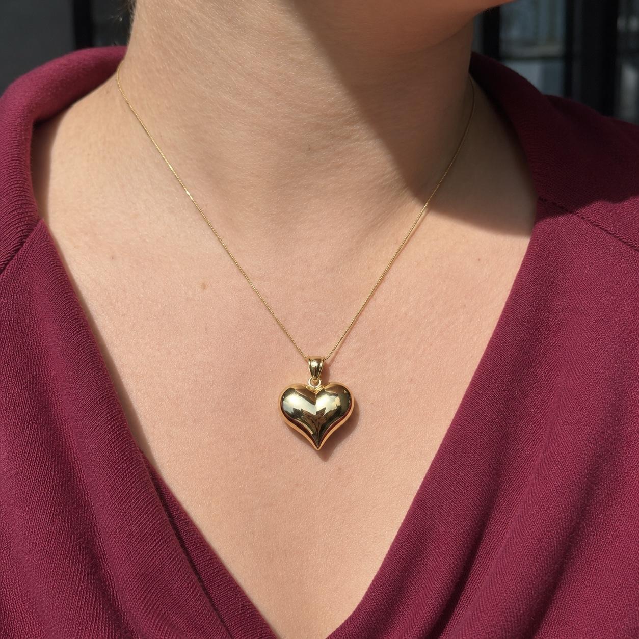 10K Real Yellow Gold Puffy Heart 2-Sided Pendant 1.25″