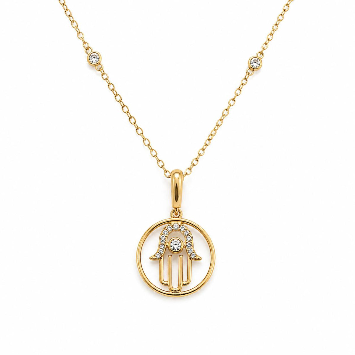 14K Solid Gold Yellow Hamsa Hand Natural Diamond Necklace 16"-18"