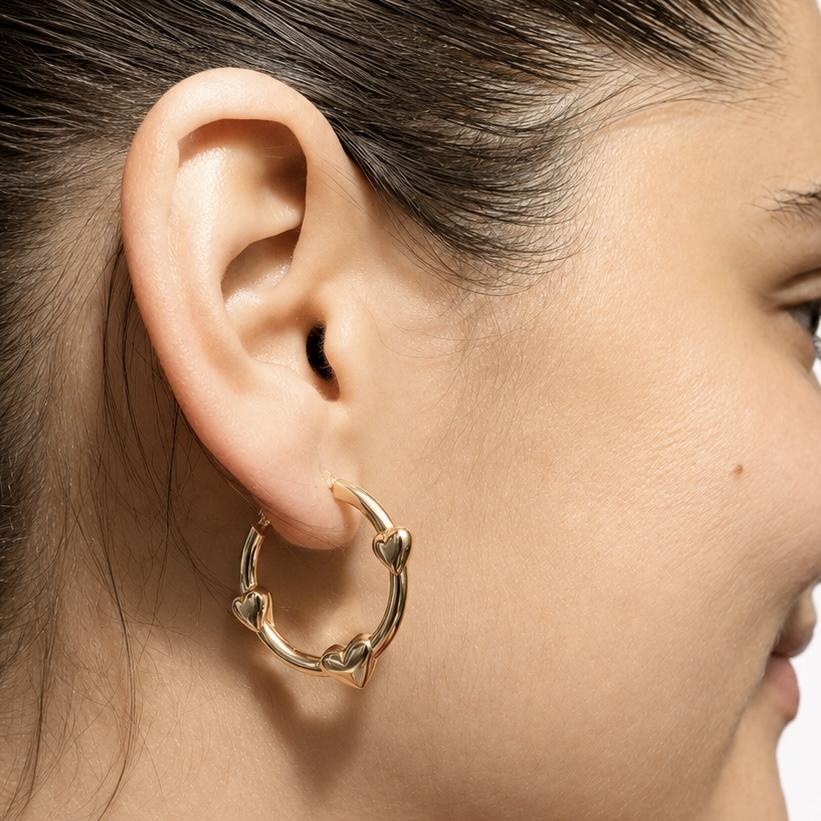 14K Real Yellow Gold Puffy Heart Hoop Earrings 1.25″