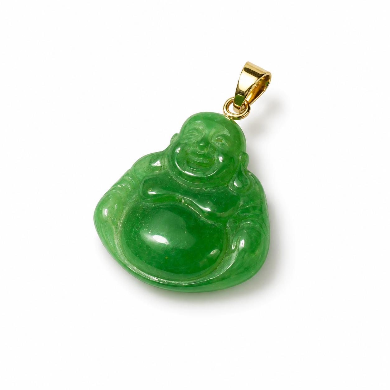14K Real  Gold Jade Happy Buddha Pendant t Green 25mm x 17mm