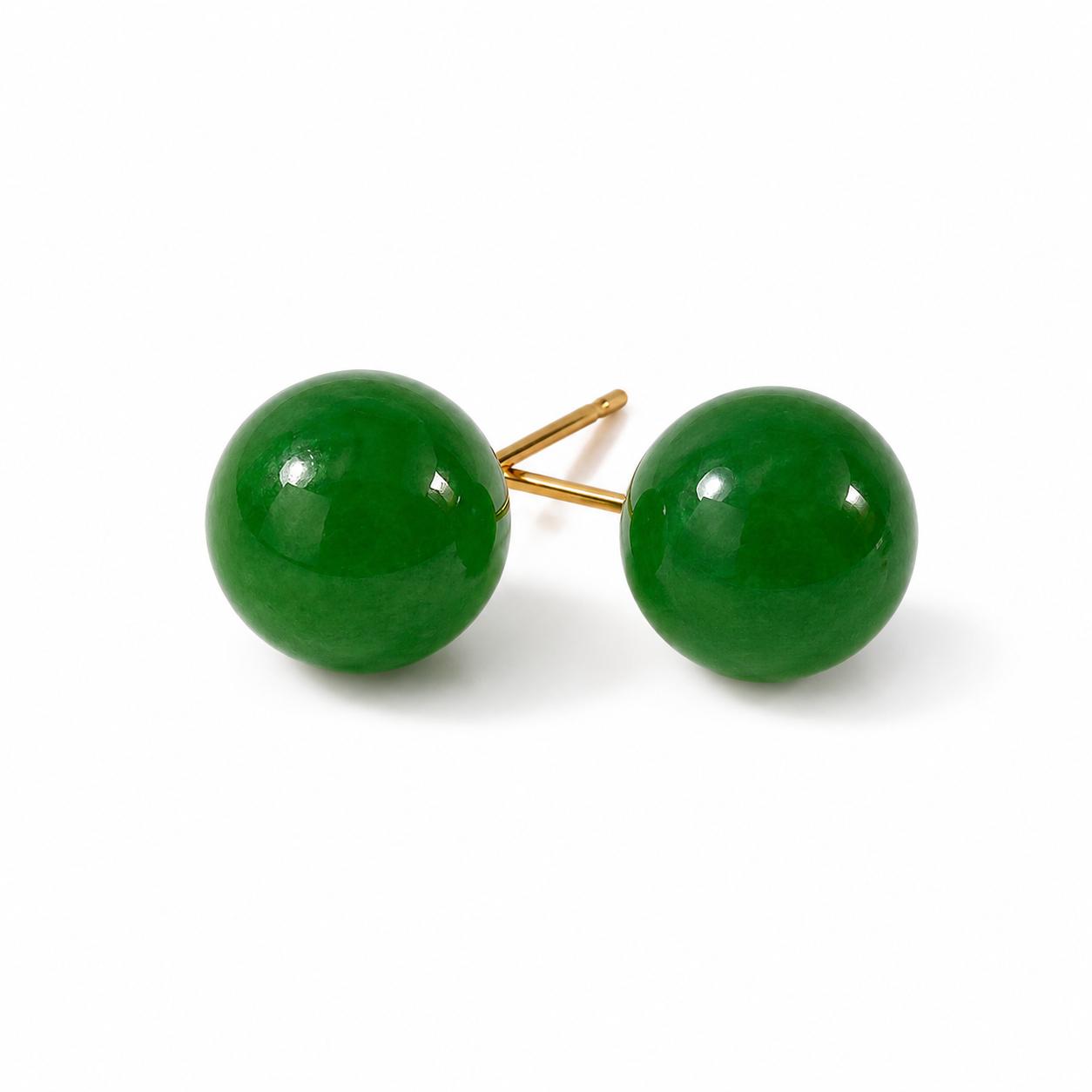 14K Gold 10mm Jade Stud Earrings Push Back Fine Jewelry