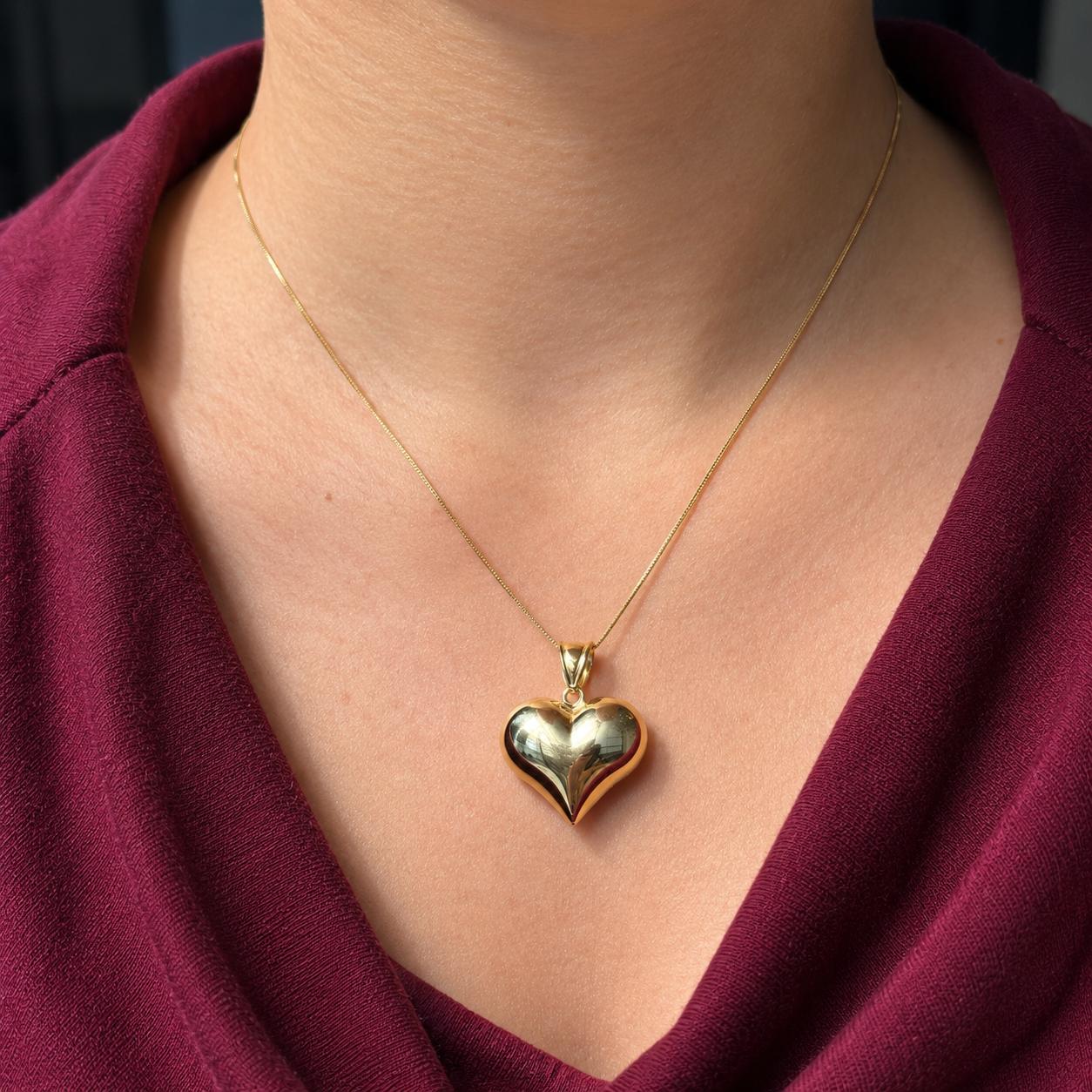 10K Real Yellow Gold Puffy Heart 2-Sided Pendant Size 1.5″
