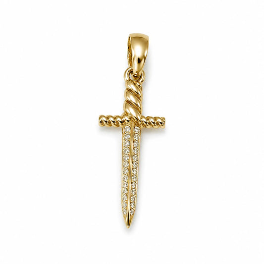 14K Real Yellow Gold Knife/Sword Natural Diamond Pendant  Necklace 1”