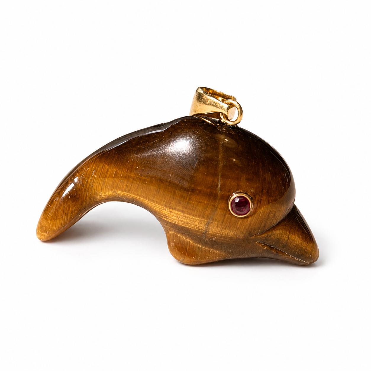 Vintage 14K Real Gold Tiger's Eye Dolphin Pendant Gold Bail with Tourmaline Eye