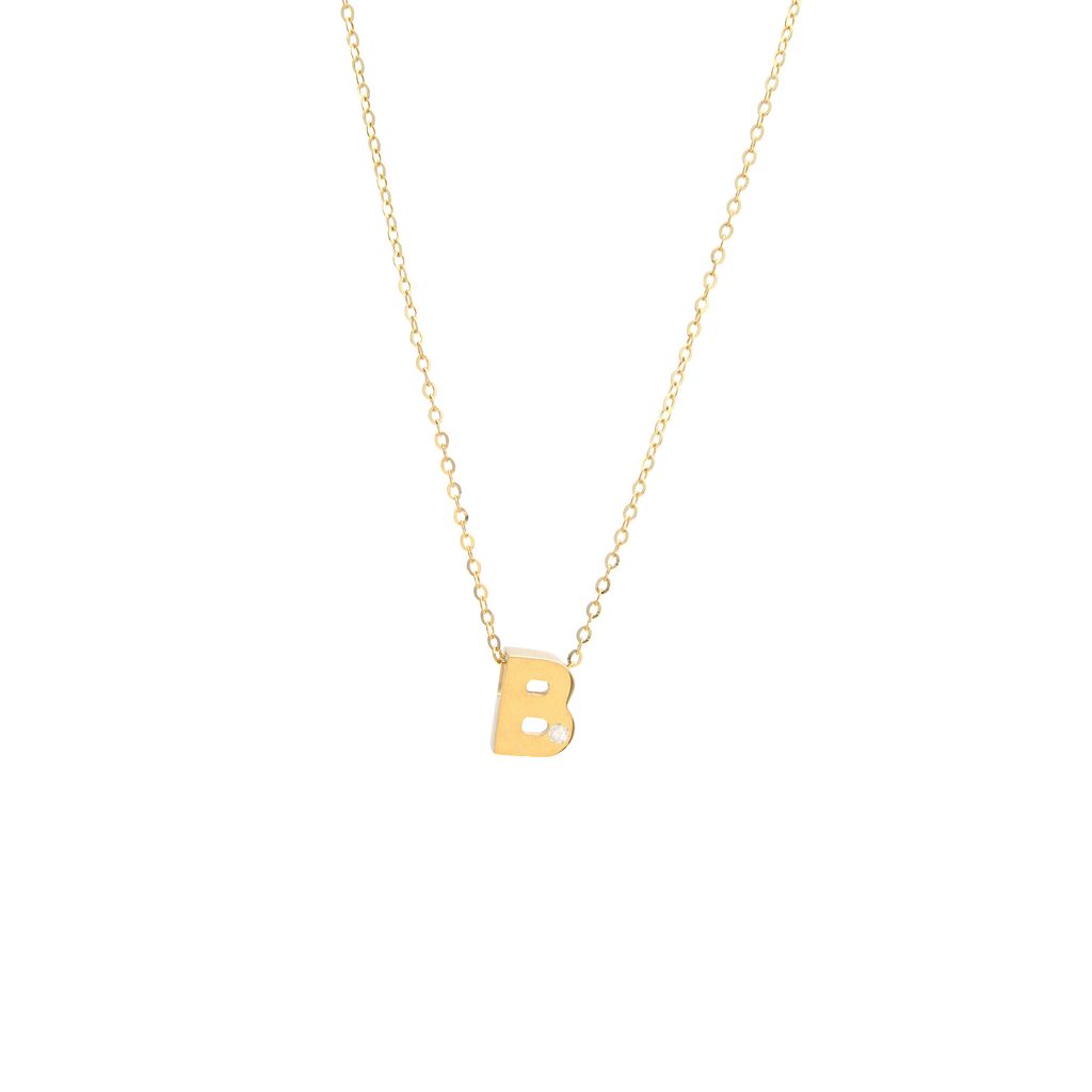 14k Yellow Gold Diamond B Initial Letter Minimalist  Necklace 16"-18"