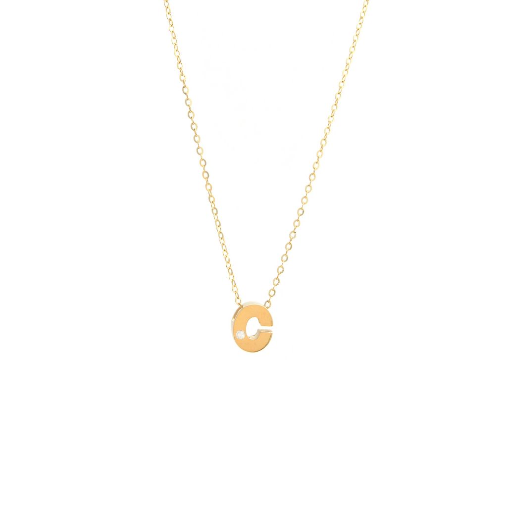 14K Yellow Gold Diamond C Initial Letter Minimalist  Necklace 16"-18"