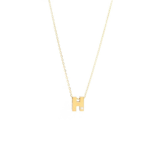 14K Yellow Gold Diamond H Initial Letter Minimalist  Necklace 16"-18"