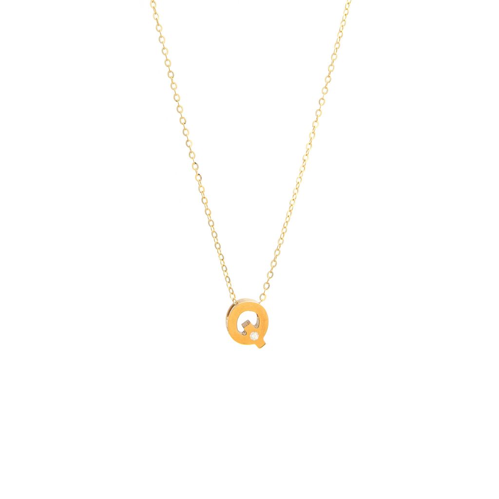 14K Yellow Gold Diamond Q Initial Letter Minimalist  Necklace 16"-18"