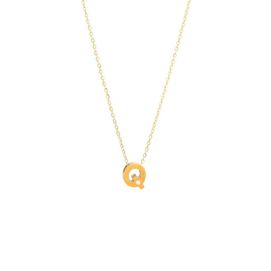 14K Yellow Gold Diamond Q Initial Letter Minimalist  Necklace 16"-18"