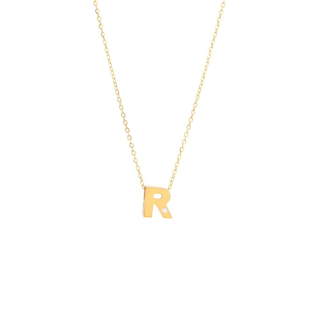 14K Yellow Gold Diamond R Initial Letter Minimalist  Necklace 16"-18"