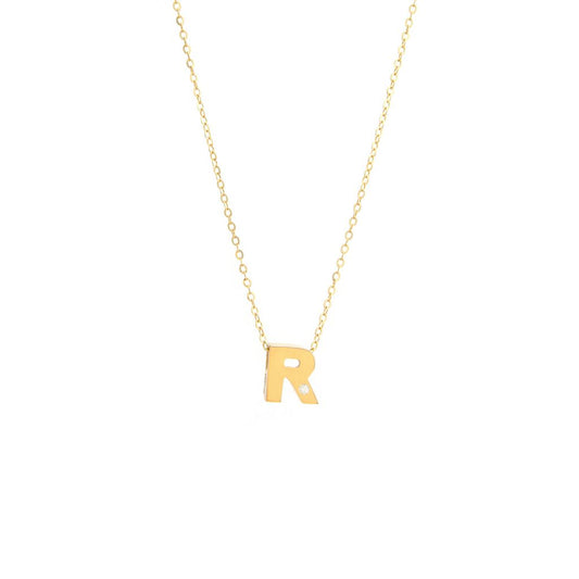 14K Yellow Gold Diamond R Initial Letter Minimalist  Necklace 16"-18"