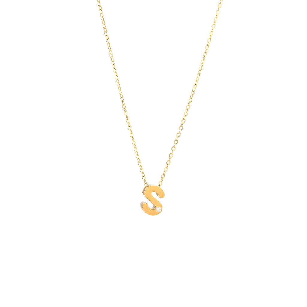 14K Yellow Gold Diamond S Initial Letter Minimalist  Necklace 16"-18"