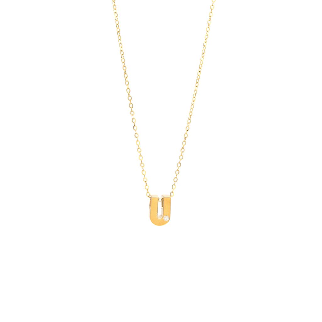 14K Yellow Gold Diamond U Initial Letter Minimalist  Necklace 16"-18"