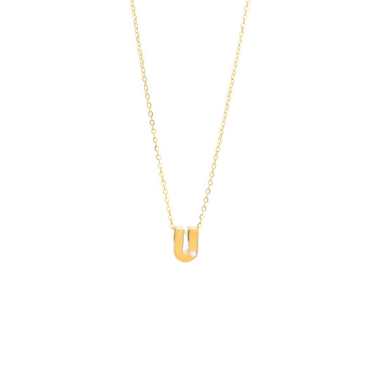 14K Yellow Gold Diamond U Initial Letter Minimalist  Necklace 16"-18"