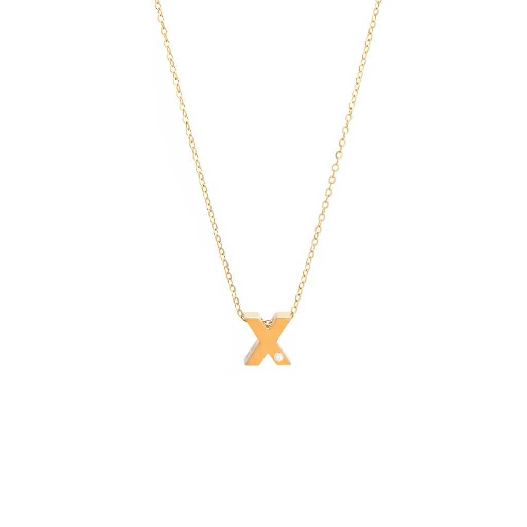 14K Yellow Gold Diamond X Initial Letter Minimalist  Necklace 16"-18"