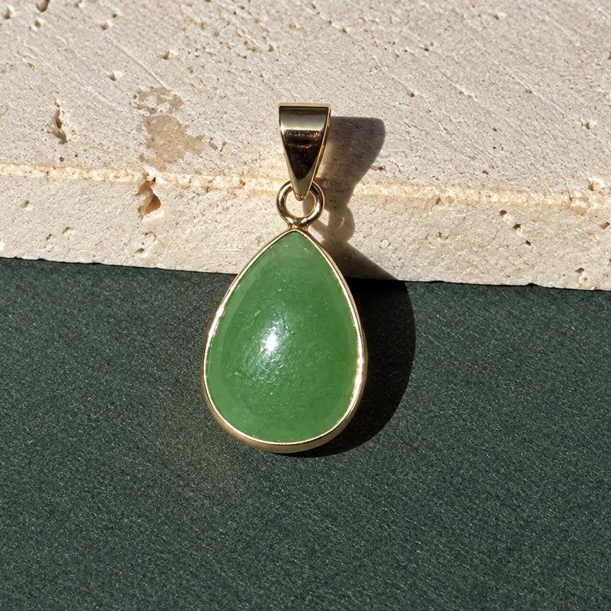 14K Real  Solid Gold Pear Shape Jade Pendant, Bezel Set Charm 21X10MM