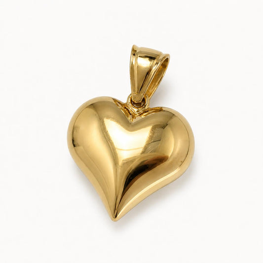 10K Real Yellow Gold Puffy Heart Pendant 1.25"